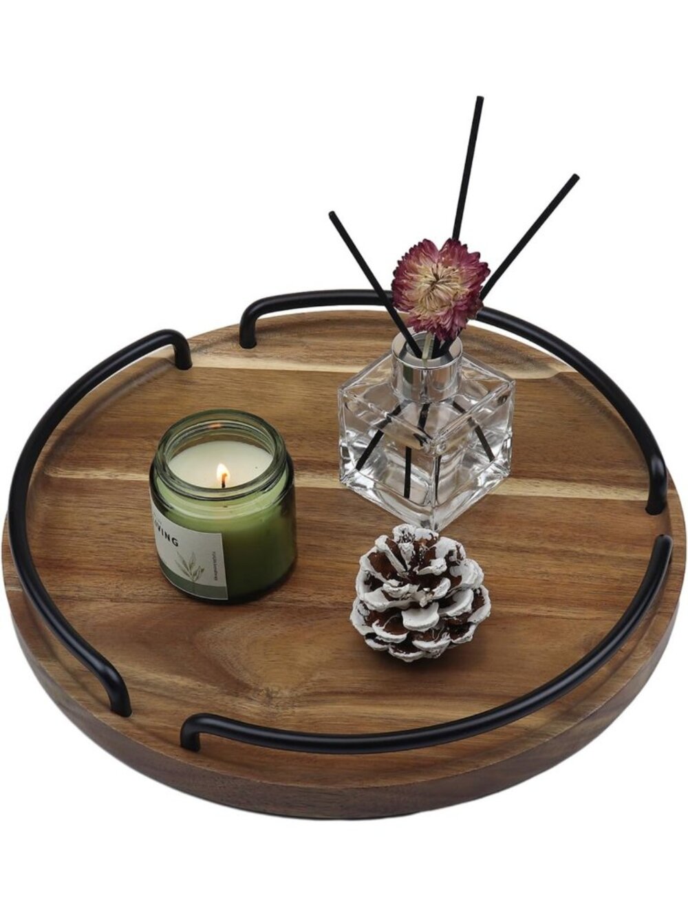 Rustic Round Wooden Serving Tray with Handles - 12" Acacia Decor for Living Room